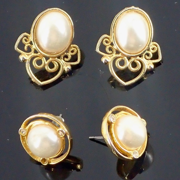 Gold Tone Pearl Earrings Set of 2 Women's Post Classic for Dress Jewelry Gifts - Picture 4 of 5